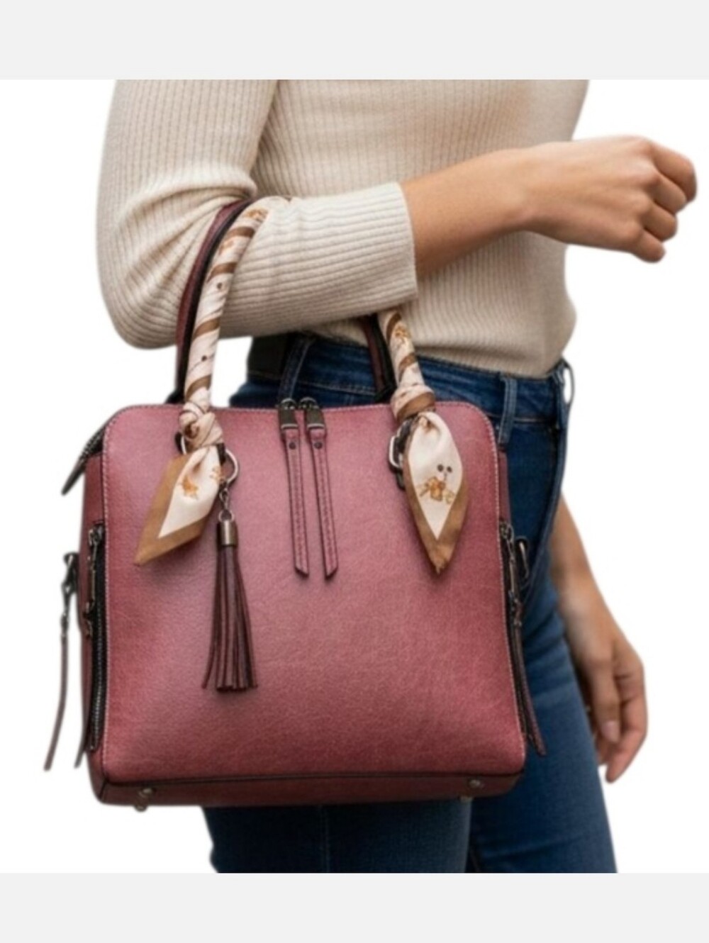 Dark Rose Double Strap Hand bag with Top Handle Scard